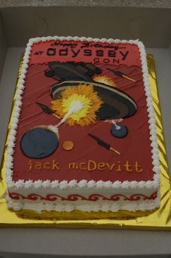 Jack McDevitt's Birthday at OdysseyCon, April 2007, Madison, WI -- Photo by Lisa Freitag, Cake by Georgie Schnobrich