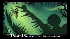 An image of a large cartoon character about to clomp down on a writer. Text: Dear Mickey, a contract is a contract.