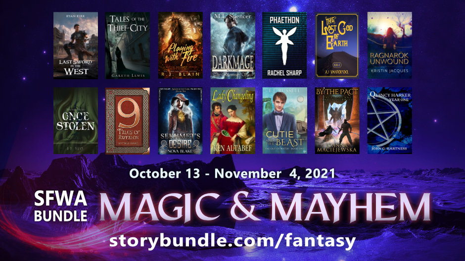 Promo graphic for the Magic and Mayhem StoryBundle with all 14 covers shown.