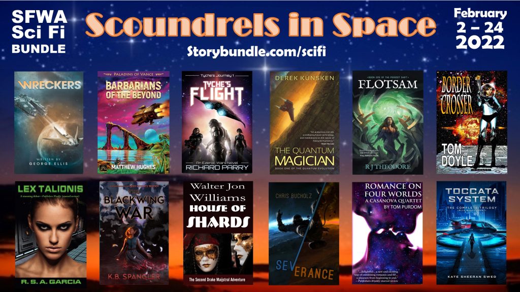 A promo graphic for Scoundrels in Space, featuring all 12 book covers.