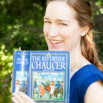 Author headshot, shown with a book open, The Riverside Chaucer