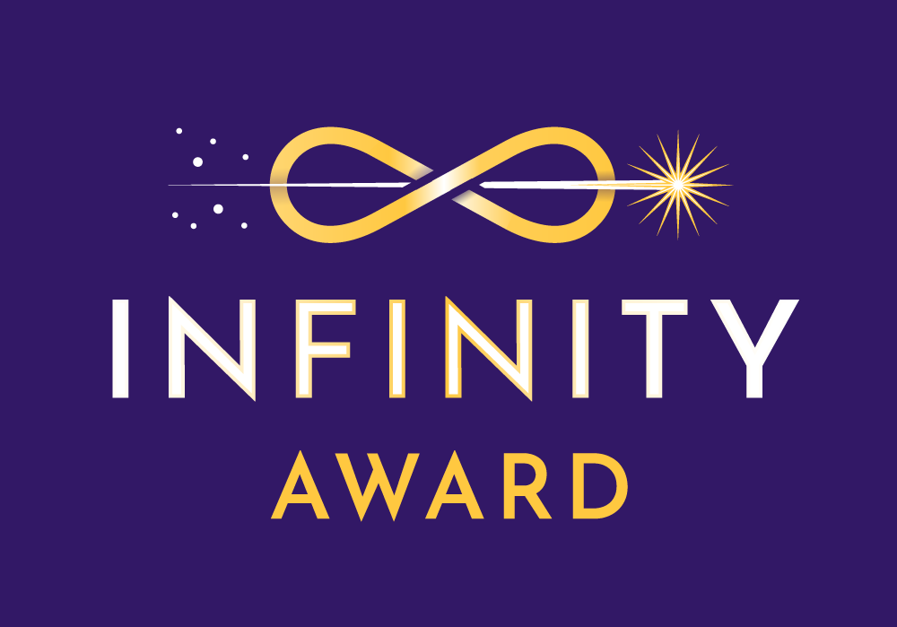 The new Infinity Award logo in SFWA purple and gold. The SFWA starbust launches through an infinite Möbius strip into the vastness of space.
