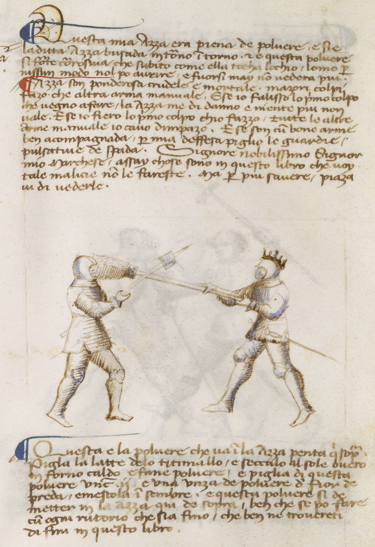 Image from Getty Manuscript Ludwig XV, folio 37, courtesy of the Getty Museum: two armored knights fighting with pollaxes.