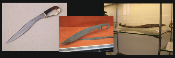 A makhaira or falcata made by JT Pälikkö; a makhaira or kopis in the Deutches Klingenmuseum; and a makhaira in the Etruscan Museum, Villa Giulianni, Rome. Photos by JT Pälikkö.