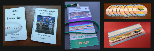 Marketing materials for the table. A collage of two brochures, a lanyard with stickers, and two types of stickers for the Airship Pirate. Photos by Steven D. Brewer.