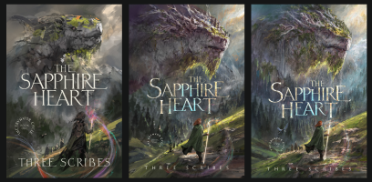 A collection of three images of a cover work in progress. The first cover is sketched, and then details are refined on the dragon's profile and the cloaked protagonist.