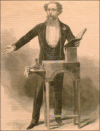 Sketch of Charles Dickens reading from his book to an audience.