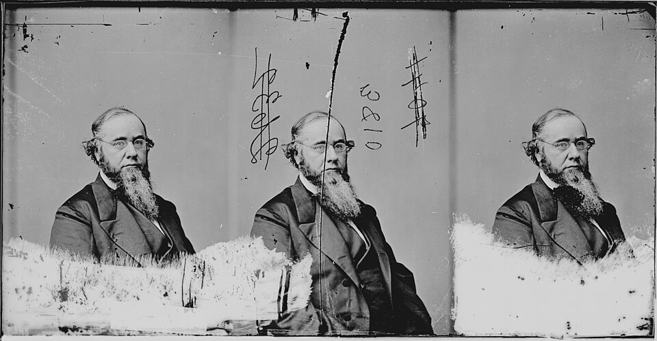 Three black-and-white panels of a photo of Edwin M. Stanton. Secretary of War between circa 1860 and circa 1865.