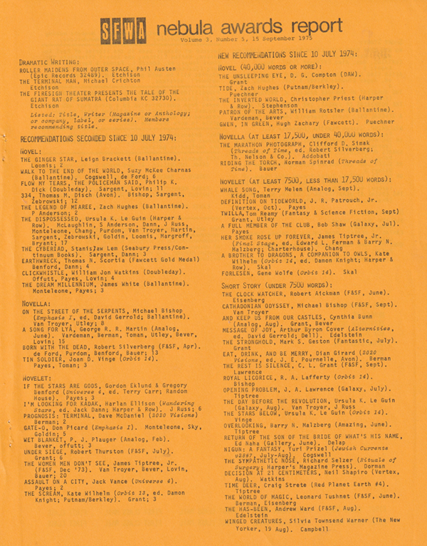Page 1 of Nebula Awards Report Volume 3 Number 5, listing SFWA's recommendations for the awards