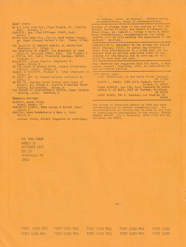 Page 1 of Nebula Awards Report Volume 3 Number 5, listing SFWA's recommendations for the awards